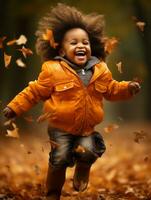 emotional dynamic gestures african kid in autumn AI Generative photo