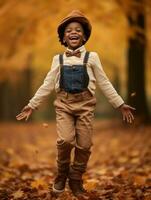 emotional dynamic gestures african kid in autumn AI Generative photo