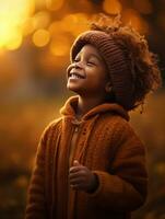 emotional dynamic gestures african kid in autumn AI Generative photo