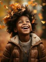 emotional dynamic gestures african kid in autumn AI Generative photo