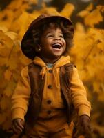 emotional dynamic gestures african kid in autumn AI Generative photo