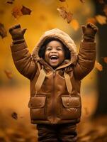 emotional dynamic gestures african kid in autumn AI Generative photo