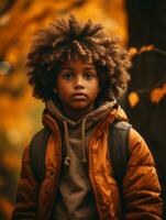 emotional dynamic gestures african kid in autumn AI Generative photo