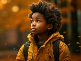 emotional dynamic gestures african kid in autumn AI Generative photo