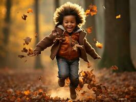 emotional dynamic gestures african kid in autumn AI Generative photo