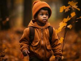 emotional dynamic gestures african kid in autumn AI Generative photo