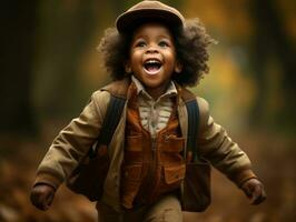 emotional dynamic gestures african kid in autumn AI Generative photo