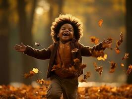 emotional dynamic gestures african kid in autumn AI Generative photo