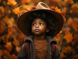 emotional dynamic gestures african kid in autumn AI Generative photo