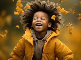emotional dynamic gestures african kid in autumn AI Generative photo