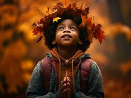 emotional dynamic gestures african kid in autumn AI Generative photo