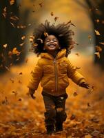 emotional dynamic gestures african kid in autumn AI Generative photo