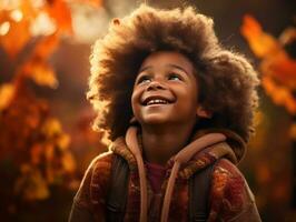 emotional dynamic gestures african kid in autumn AI Generative photo