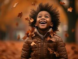 emotional dynamic gestures african kid in autumn AI Generative photo