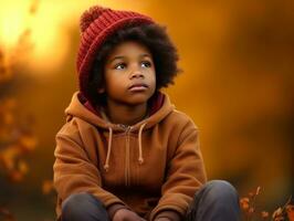 emotional dynamic gestures african kid in autumn AI Generative photo