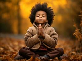 emotional dynamic gestures african kid in autumn AI Generative photo