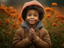 emotional dynamic gestures african kid in autumn AI Generative photo