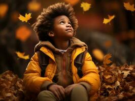 emocional dinámica gestos africano niño en otoño ai generativo foto