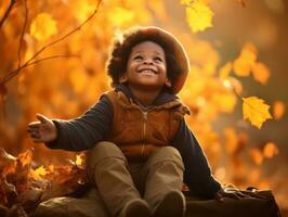 emotional dynamic gestures african kid in autumn AI Generative photo