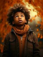 emotional dynamic gestures african kid in autumn AI Generative photo