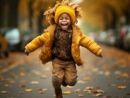 emotional dynamic gestures african kid in autumn AI Generative photo