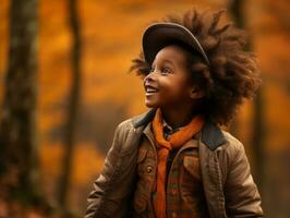 emotional dynamic gestures african kid in autumn AI Generative photo