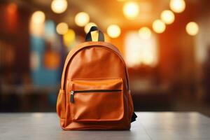 School backpack on blurred background. Back to school, education, study concept. Generative AI photo