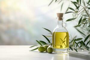 Bottle of fresh extra virgin olive oil and green olives with leaves. Generative AI photo