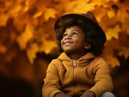 emotional dynamic gestures african kid in autumn AI Generative photo