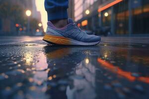 Closeup shot of a mans feet on a modern street. Generative AI photo
