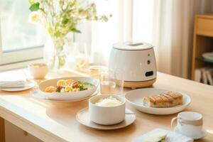 A minimalist bright kitchen with a rice cooker and dishes on top of the dining table. Generative AI photo