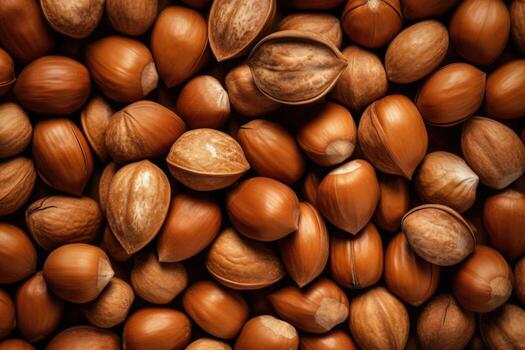 Natural background made from different kinds of nuts, top view. photo