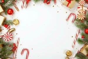 Christmas frame flat lay with pine, presents, golden elements, candy canes, confetti. AI generated photo