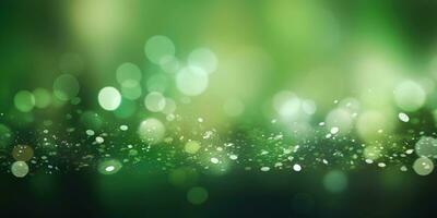 Bokeh background in green in the style of confetti like dots. Glitter and diamond dust. AI generated photo