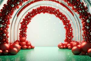 Arch made of christmas tree balls with decor. Red christmas decorations. AI generated photo