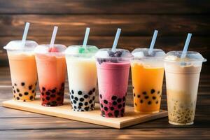 Plastic cups of different tasty bubble tea. Row of fresh boba bubble tea glasses. Generative AI photo