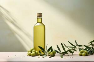 Bottle of fresh extra virgin olive oil and green olives with leaves. Generative AI photo