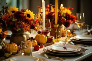 otoño mesa ajuste para celebracion acción de gracias o amistad día, familia fiesta. ai generado foto