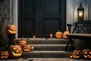 Carved pumpkins, bats, spiders on stairs and bench near modern house with black door. AI generated photo