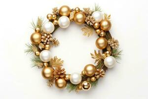 Christmas wreath on white background. Flat lay, top view. AI generated photo