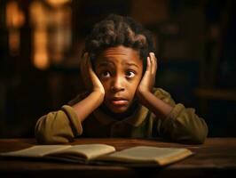 africano niño en emocional dinámica actitud en colegio ai generativo foto