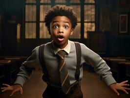 African kid in emotional dynamic pose in school AI Generative photo