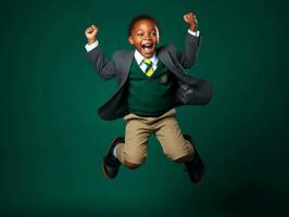 African kid in emotional dynamic pose in school AI Generative photo