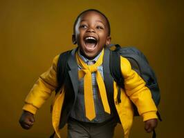 African kid in emotional dynamic pose in school AI Generative photo