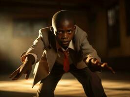 African kid in emotional dynamic pose in school AI Generative photo