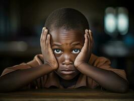 African kid in emotional dynamic pose in school AI Generative photo