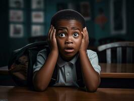 African kid in emotional dynamic pose in school AI Generative photo