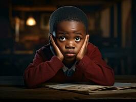 African kid in emotional dynamic pose in school AI Generative photo