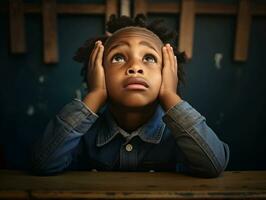 African kid in emotional dynamic pose in school AI Generative photo