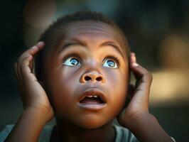 African kid in emotional dynamic pose in school AI Generative photo